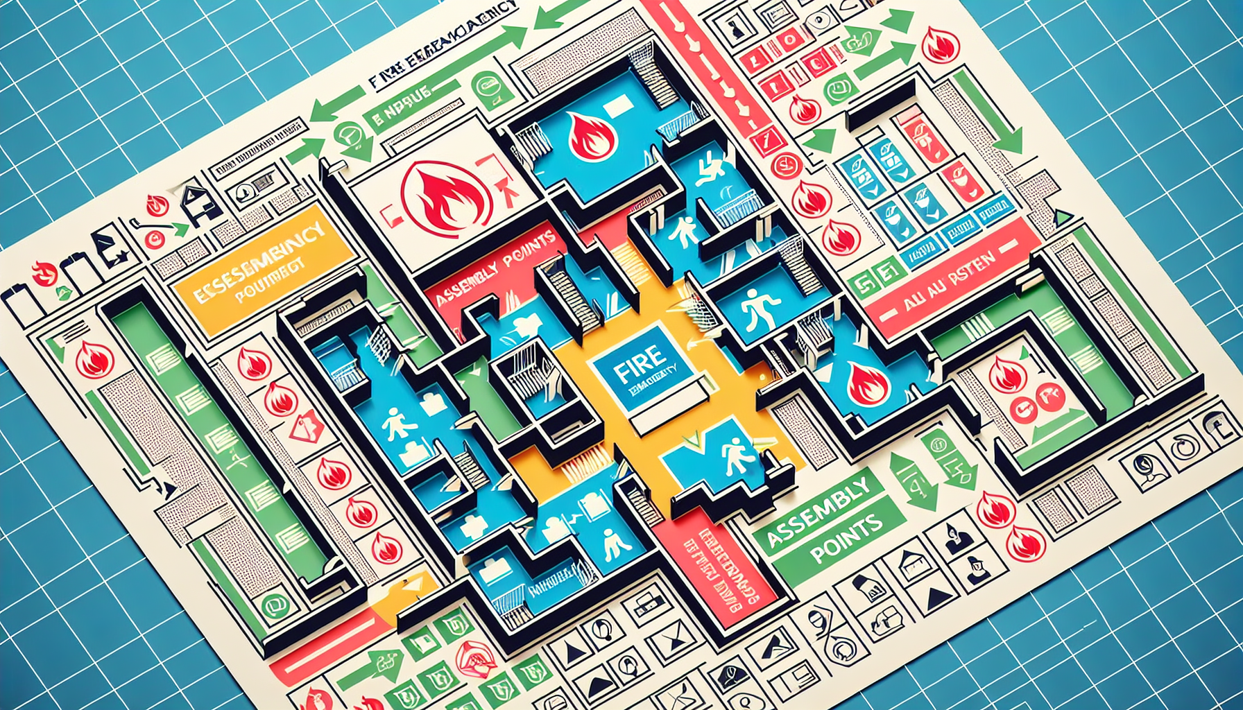 An illustration depicting a fire emergency evacuation plan layout.