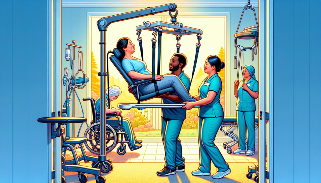 An illustration of various lifting aids being used to assist in manual handling tasks.