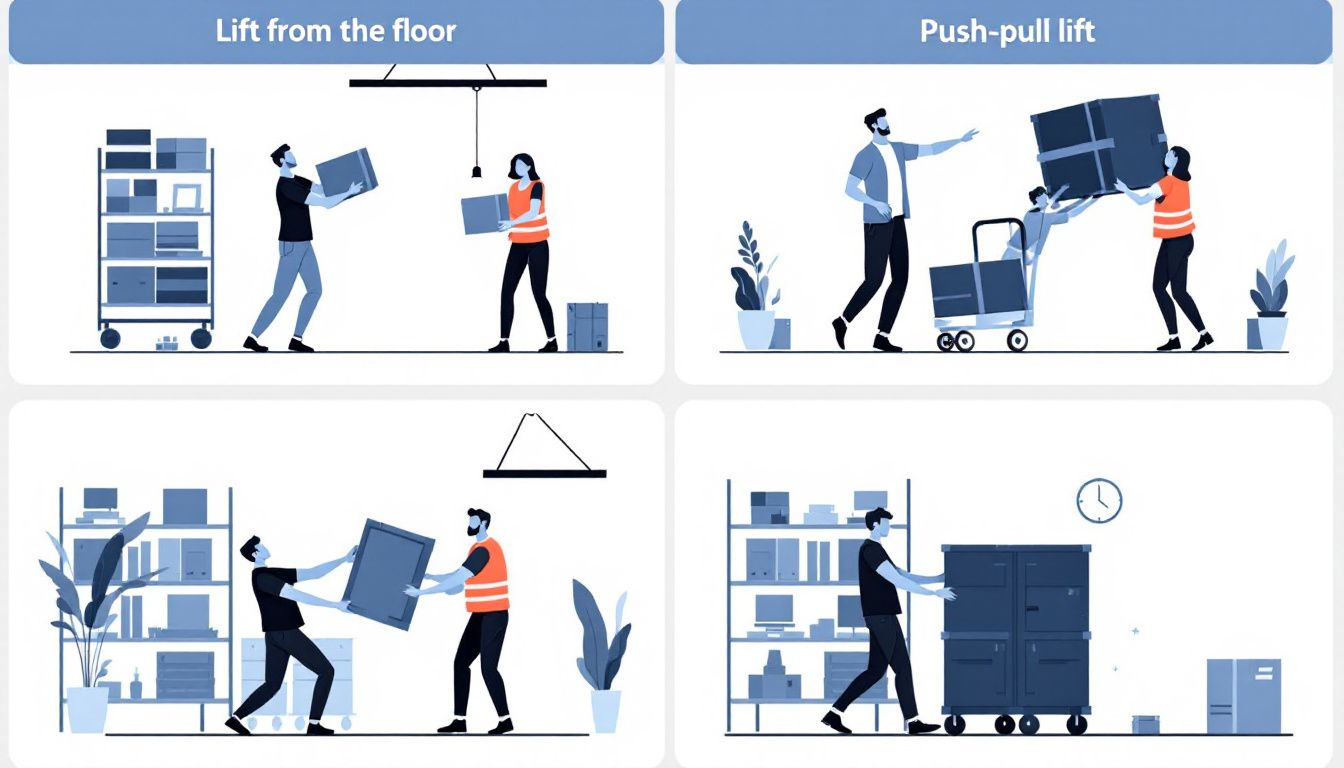 An illustration depicting various manual handling techniques that align with moving and handling policies.